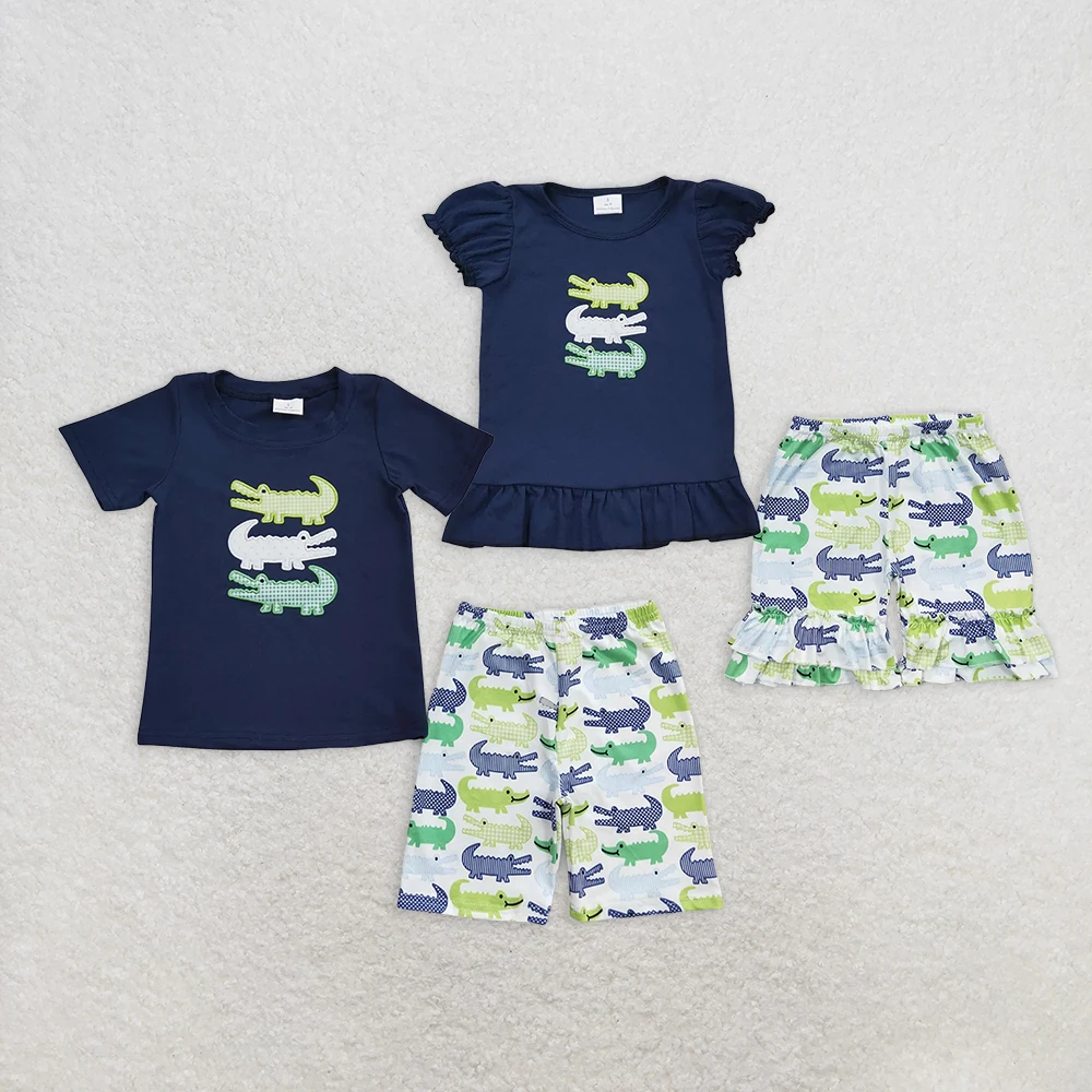 

BSSO0132 Wholesale kids clothes girl Embroidered navy blye short sleeve shorts sets Summer Boutique baby boy clothes sets