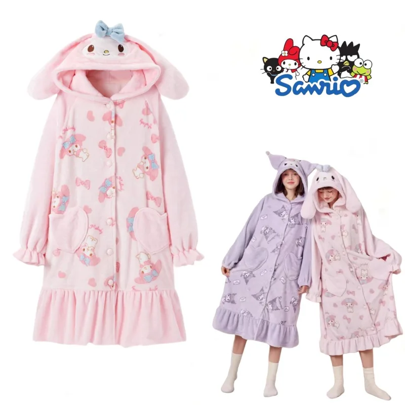 Sanrio Kuromi Long Plush Dressing Gown Melody Warm Hooded Bathrobes Cute Cartoon Pajamas Loungewear Children Girls Holiday Gifts