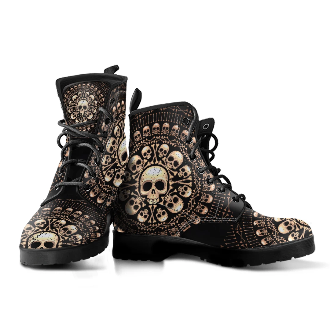 Stylish Skull Design Women's Boots Autumn Winter Unisex PU Leather Boots Lace Up Vulcanized Rubber Sole Boots Print On Demand