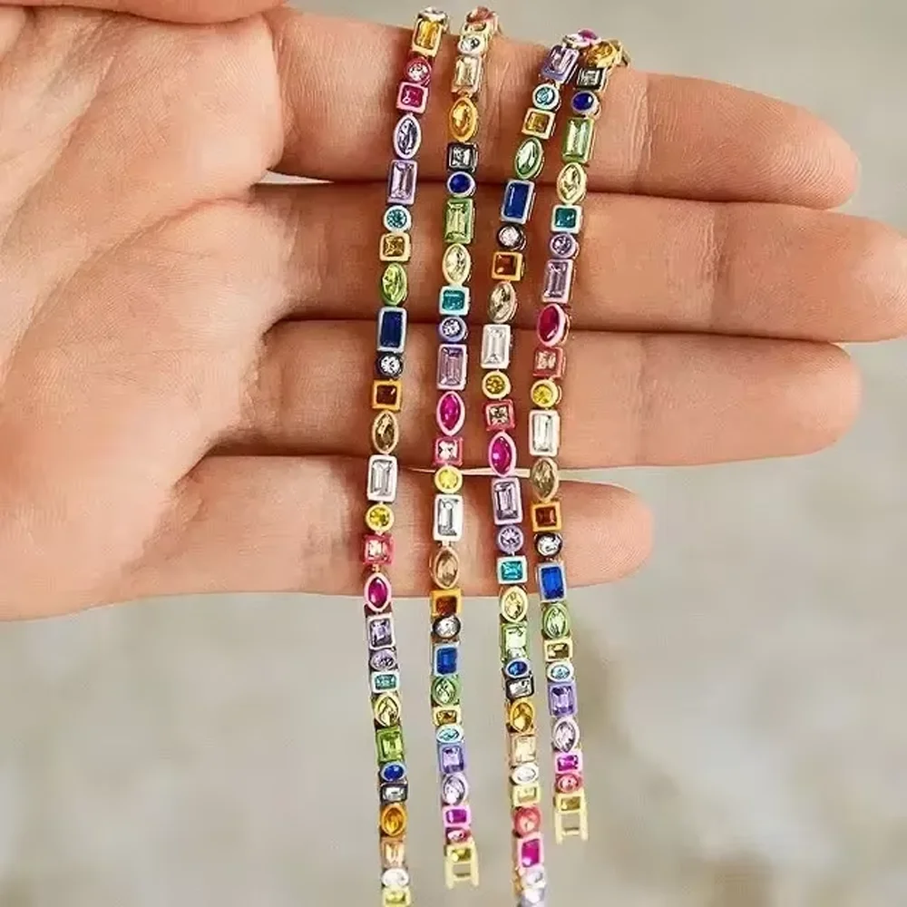 2025 New Geometric 5A CZ Rainbow Colorful Enamel Tennis Chain Bracelet Necklace Round Square Eye Rectangle Shape Women Jewelry