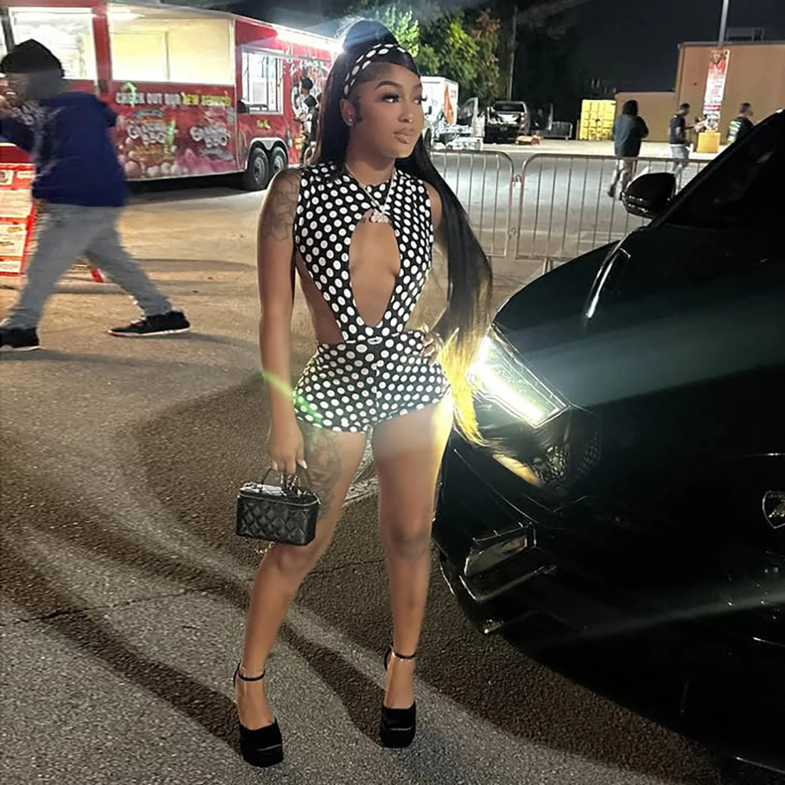 Women Side Polka Dot Sexy 2 Piece Set  Split Sleeveless Bandage Bodysuit+Shorts Matching Hipster Party Clubwear Suits