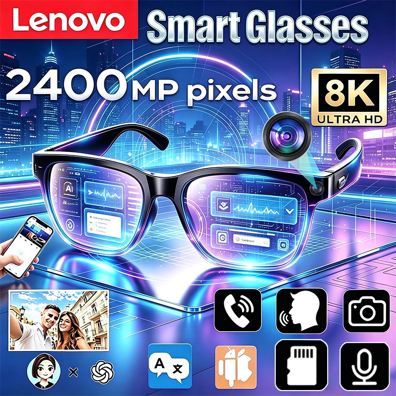 Lenovo AI 2400MP 8KHD Smart Glasses Vedio Translation Women Men Hands-Free Call AI Chat Logging Music Playback Smart Sunglasses