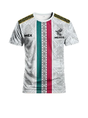 เสื้อฟุตบอลผู้ชายเม็กซิโกและเสื้อกีฬาคอกลมสไตล์แอซเท็กที่สวมใส่สบาย พร้อมลายพิมพ์อารยธรรมแอซเท็กและมายัน เหมาะสำหรับ