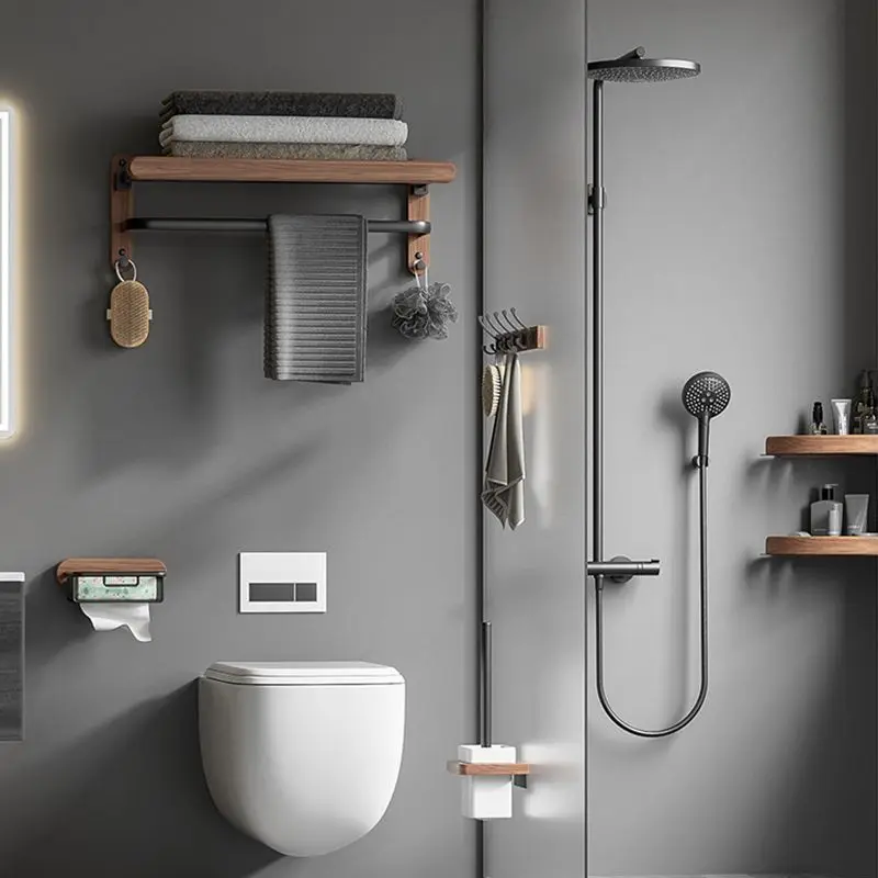 Nordic Bathroom Shelving Light Luxury Towel Rack Perforated Wall Hanging Toilet Washroom Walnut Corner Rack Shower Room Shelf