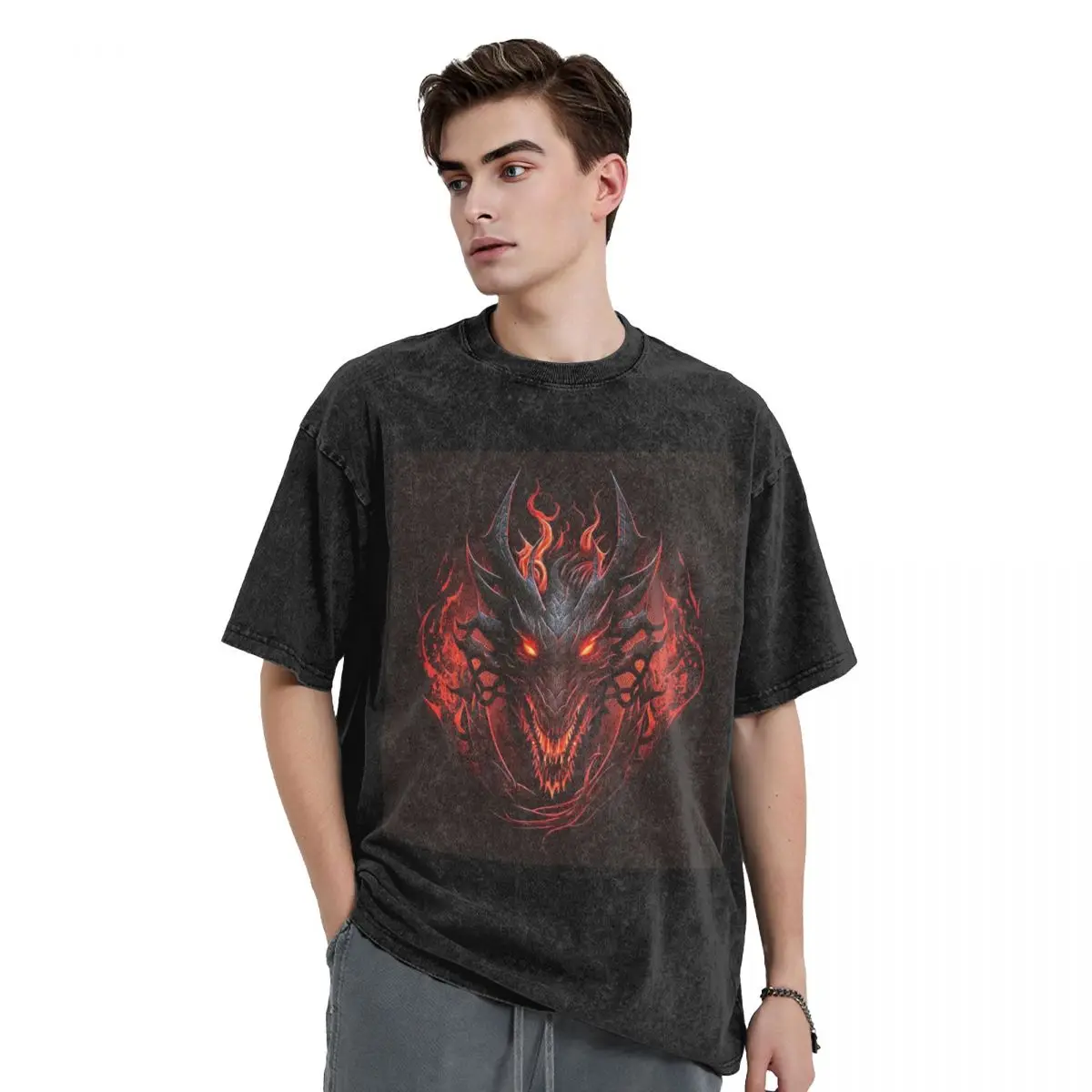 3D Fire Dragon Head In Blue And Red Flame Washed T Shirts Short Sleeve Hip Hop T-Shirt Streetwear Tops Tees for Men Women
