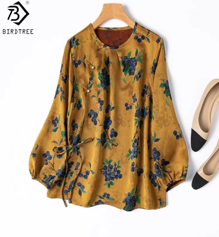 

Birdtree 24MM 100% Mulberry Silk Floral Print Shirt,Women Xiangyun Yarn O-neck Slant Opening Full Sleeve Autumn Blouse T59408JF