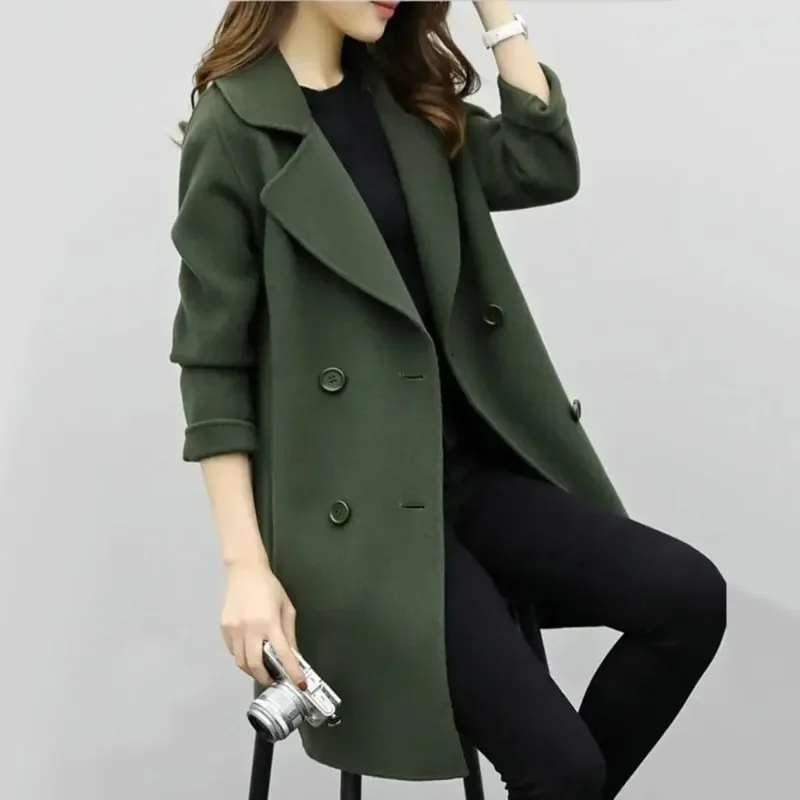 Women Woolen Coat Women Windproof Coat Stylish Women's Mid-length Woolen Coat Lapel Double Breasted Flap for Autumn/winter