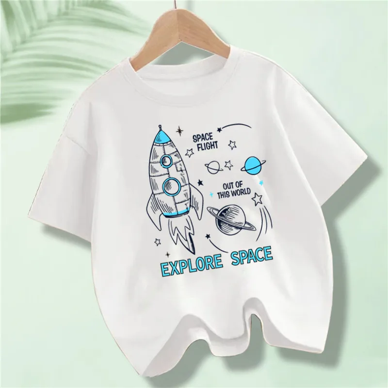 New Arrival Cartoon Space Rockets Boys Girls T Shirts Summer Short Sleeve Children's Clothes Kids Tees Tops