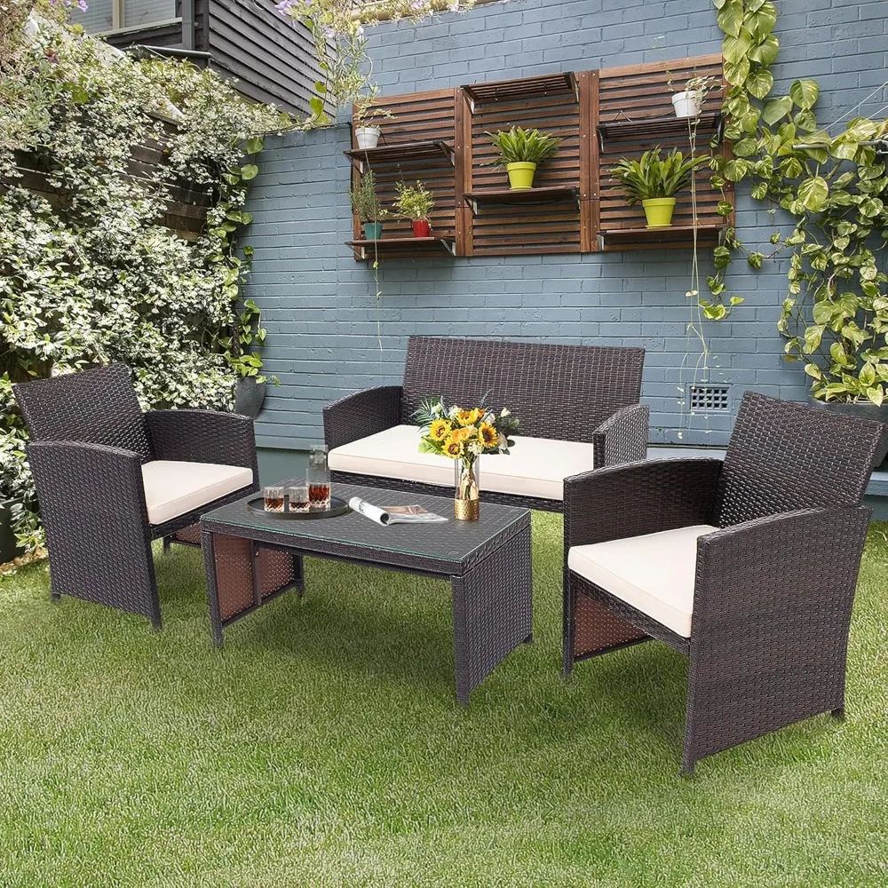 

4 Pieces Wicker Patio Furniture Set, Outdoor PE Rattan Conversation Set with Chairs, Loveseat, Coffee Table,Cushions,Garden sofa