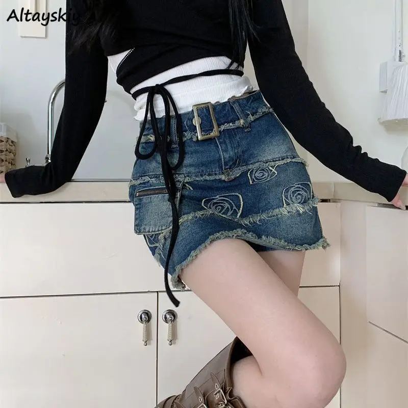 Floral Denim Skirts Women Distressed Chic Vintage Gentle Ripped A-line Summer Sweet French Style with Belt Romantic Leisure OOTD