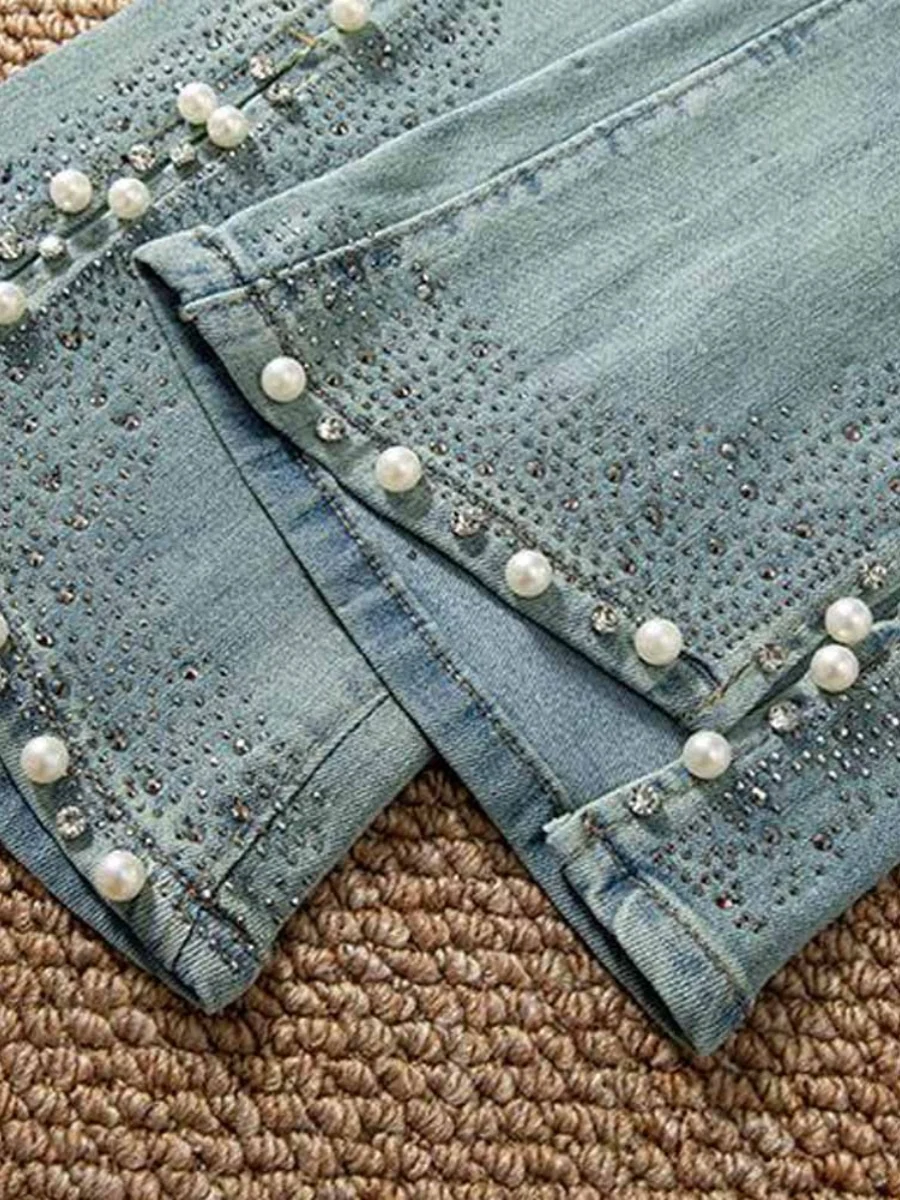 Faion taille haute cloche Bot jean femme été 2024 lourd embelli strass diamant pantalon Long femme