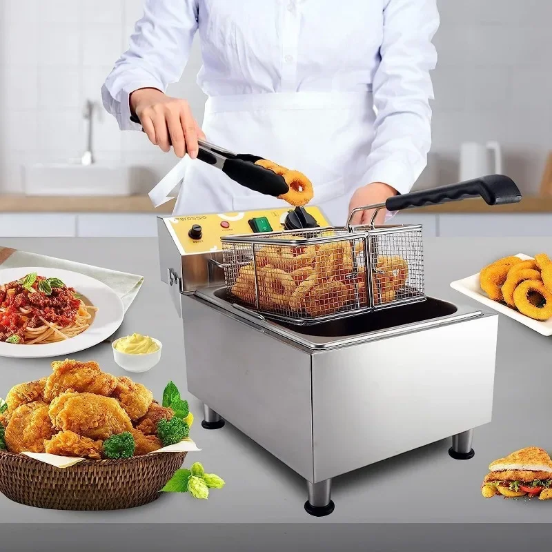 Fritadeira Elétrica com Cesta e Tampa, Bancada de Aço Inoxidável, Casa e Comercial, 10L Grande Capacidade