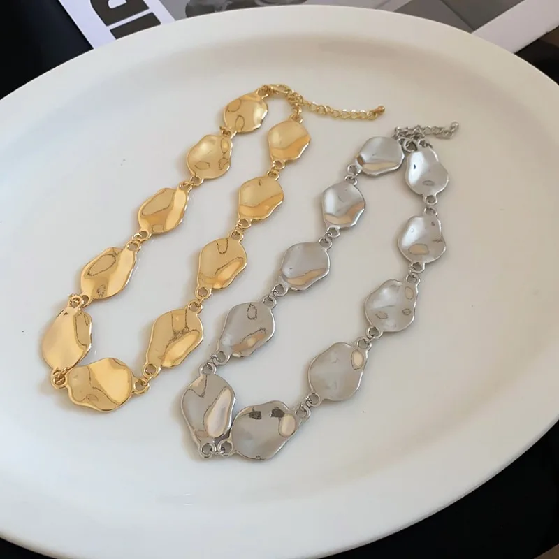 Minar Hip Hop Rock Irregular Pleated Splice Metallic Chains Necklaces for Women Man Unisex Gold Silver Plated Alloy Chokers