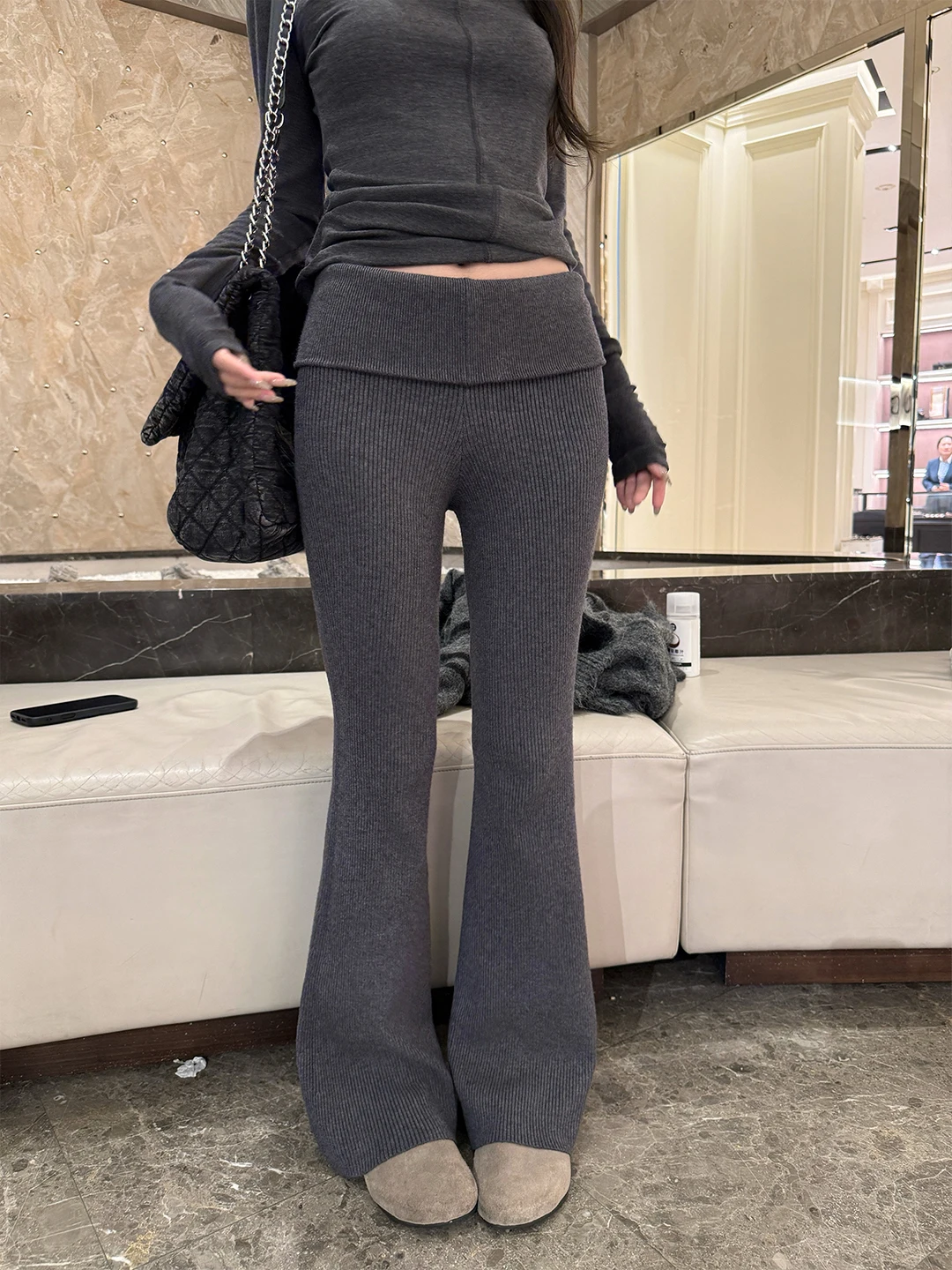 

Женские утепленные вязаные брюки с высокой талией, облегающие, осенне-зимние, повседневные, широкие штанины