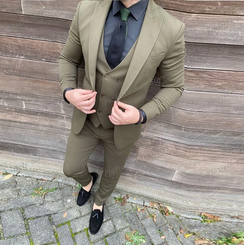 

New Army Green Groom Groomsman Men Suit Wedding Party Formal Occasions Business Male Tuxedo 3 Piece Set Jacket Vest Pants