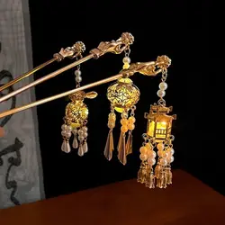 1PC Glowing Lotus Lantern Hair Stick Chinese Style Palace Lantern Hairpin New Ancient Style Flower Tassel Hair Insert Women Gift
