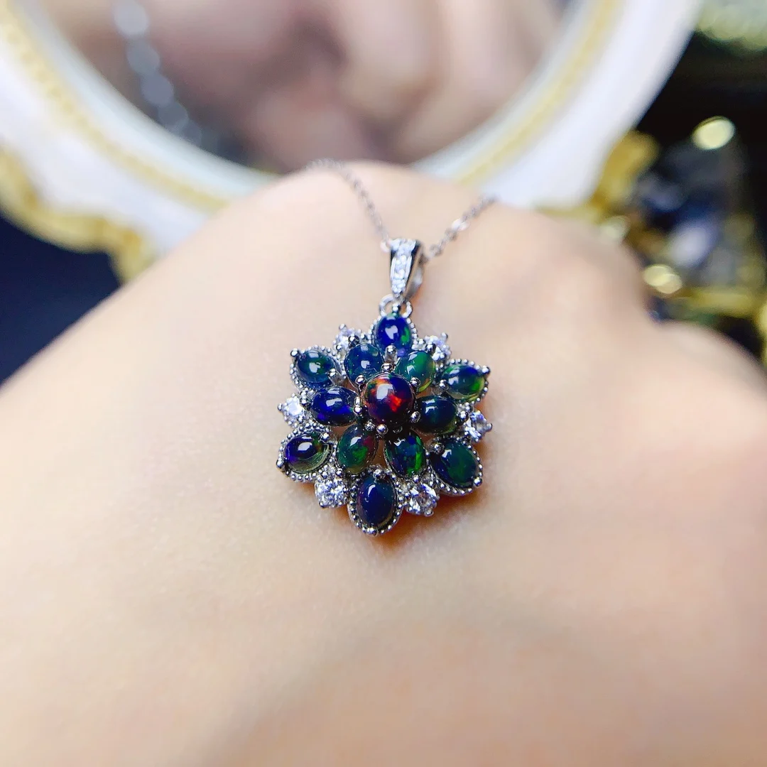 FS Natural 3*4mm Black Opal Flower Pendant Necklace Earrings Set S925 Pure Silver for Women Fine Weddings Charm Jewelry MeiBaPJ