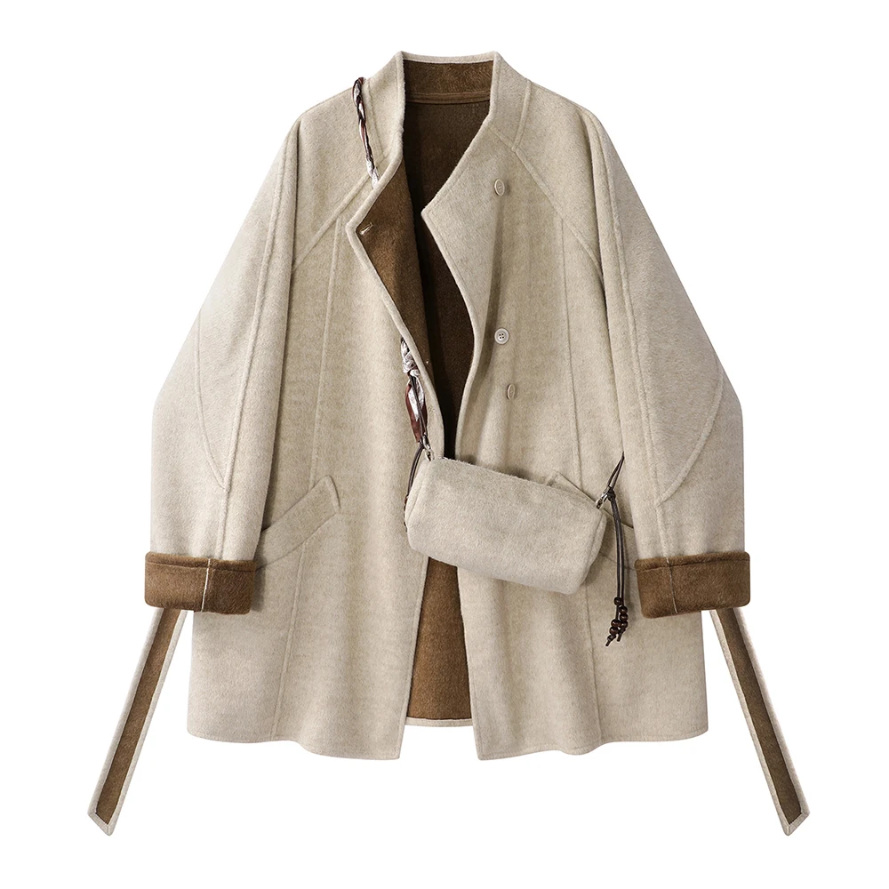 

Women’s Woolen Coat Oversized Winter Coat Thick Warm Open Front Jacket with Turn-Up Sleeves, Casual Loose Outerwear for Winter