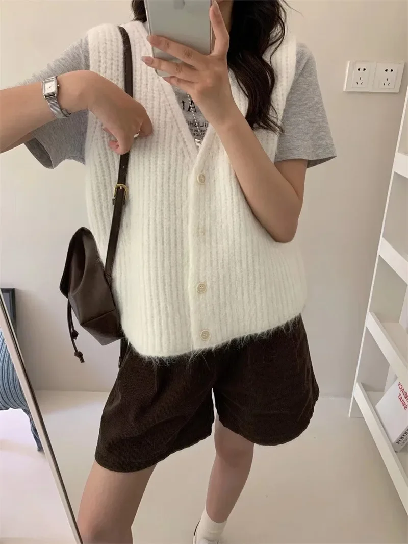 Korean Chic Sweet Knit Vests Women V-neck Single Breasted Sleeveless Sweater Autumn Winter Simple Solid Fall Winter Gilet