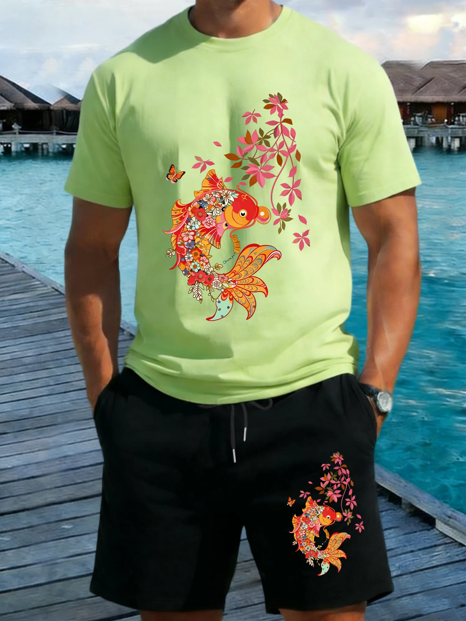 

Koi Fish Composed Of Flowers Print T-Shirt Set Men Drawstring Wide-Leg Shorts Summer Cotton Streetwear O-Neck Loose T Shirt