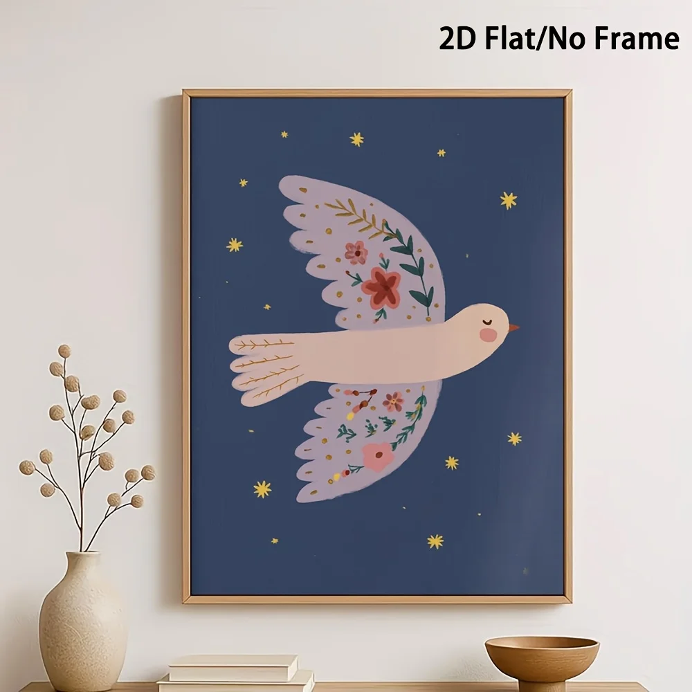 2D Flat, 2D Flat, 1pc, Frameless, Floral Dove Pattern, Whimsical Bird Theme Room Decor Painting, Bohemian Style Nursery Decor