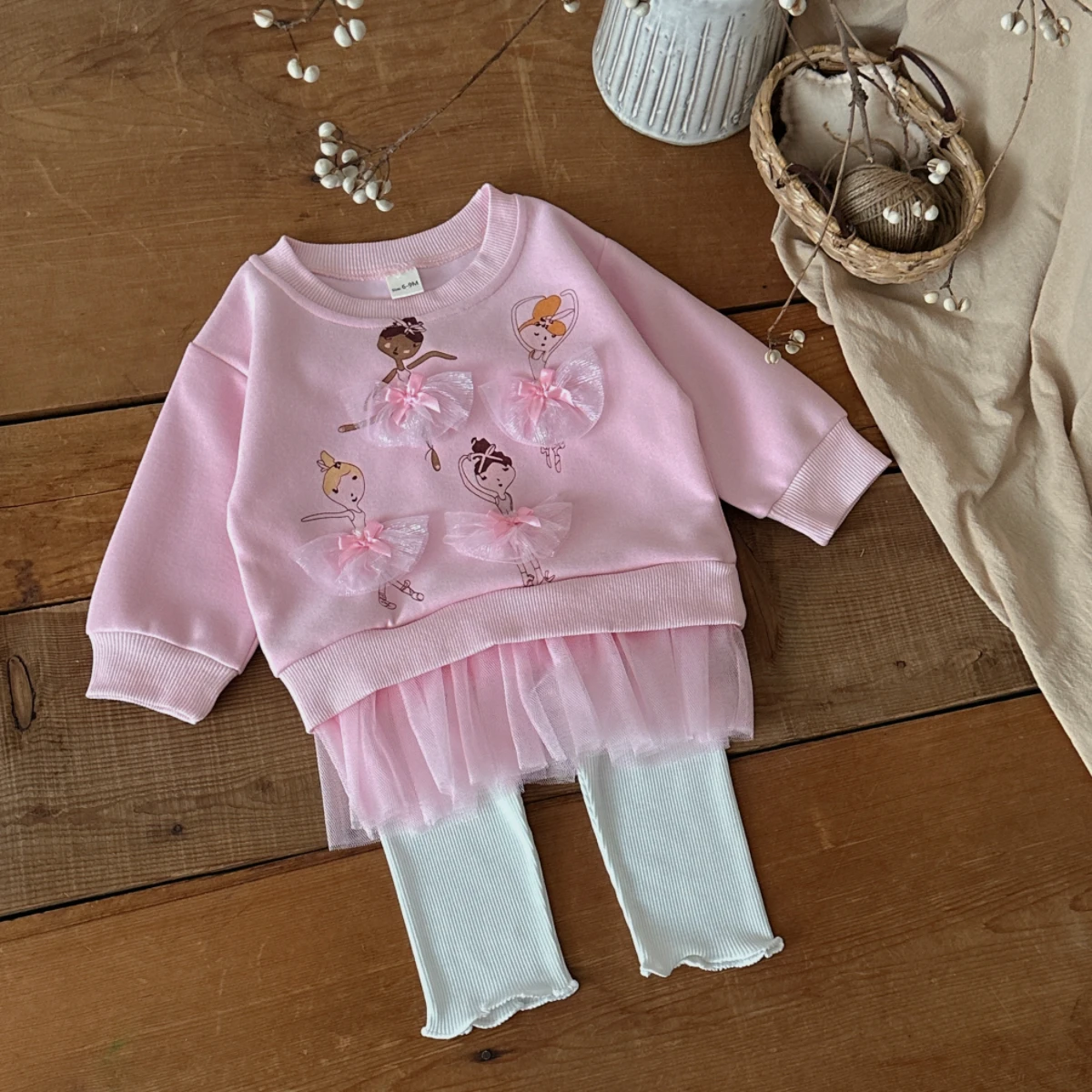 Korean Princess Girls Ballet Sweatshirt & Leggings Set, Cute Kids Spring‑Autumn Long‑Sleeve Casual 2‑Piece Clothing Outfit