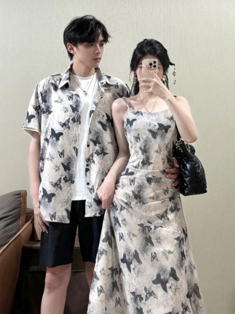 New Chinese Style Watercolor  Pleated Slimming Floral Halter Dress Women Summer Couple Match High Waist Chiffon Gown