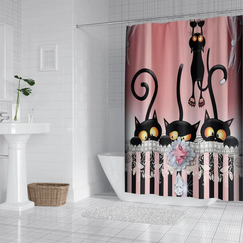 1pc, 180x180cm cartoon black cat print, mildew-proof, waterproof, no pilling, perforated with hook, bathroom shower curtain