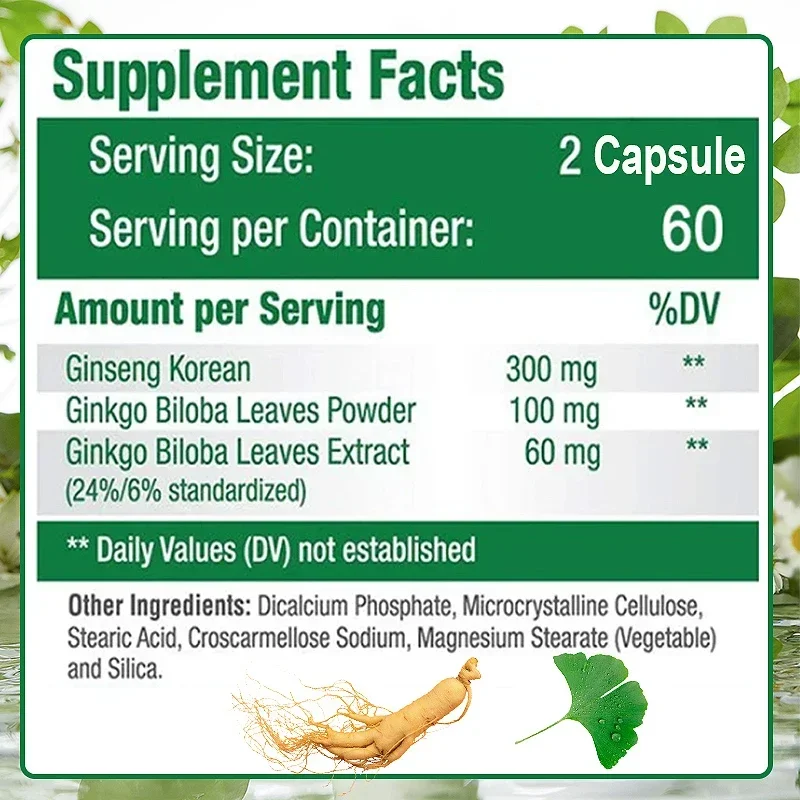 Ginseng + Ginkgo Biloba - Natural Dietary Supplement To Improve Memory and Learning Ability, Joint and Brain Circulation