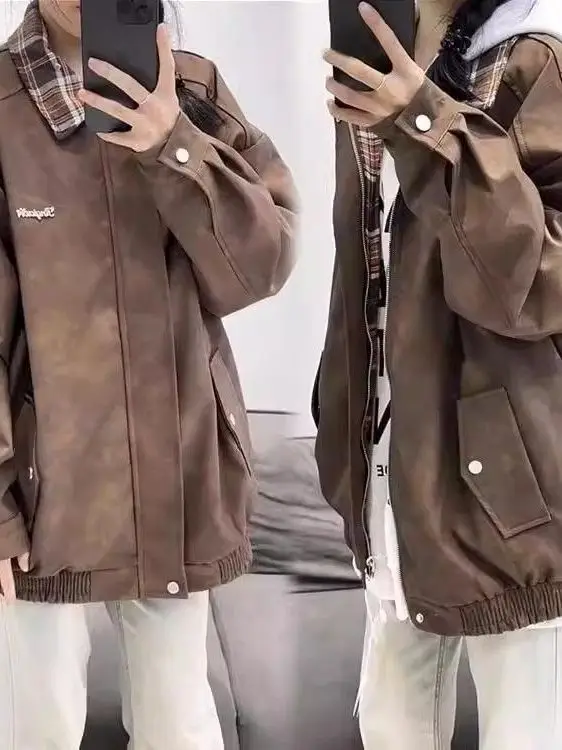 

Retro American Plaid Splicing PU Leather Jaet Loose Fit ex Korean Sle Autumn Couple Turn-down Collar Biker Jaet