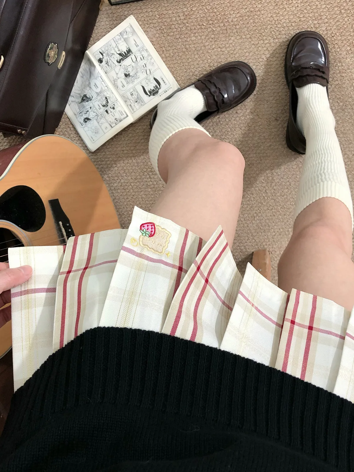 strawberry embroidery jk plaid cute college style pleated short skirt women