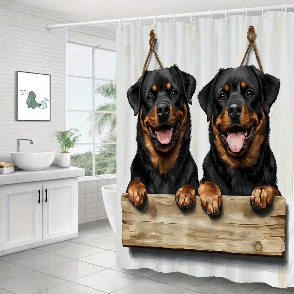 Two Happy Rottweiler Puppies Leaning on Wood Plank Rustic White Wooden Wall Backdrop Bath curtain, Cozy Soft Warm Throw