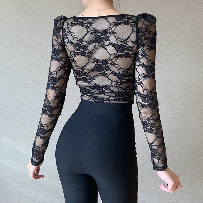 Sexy Black Waist V Neck Chest Cup Lace Long Sleeve Women\'s Top Summer Hollow T-Shirt 23604P