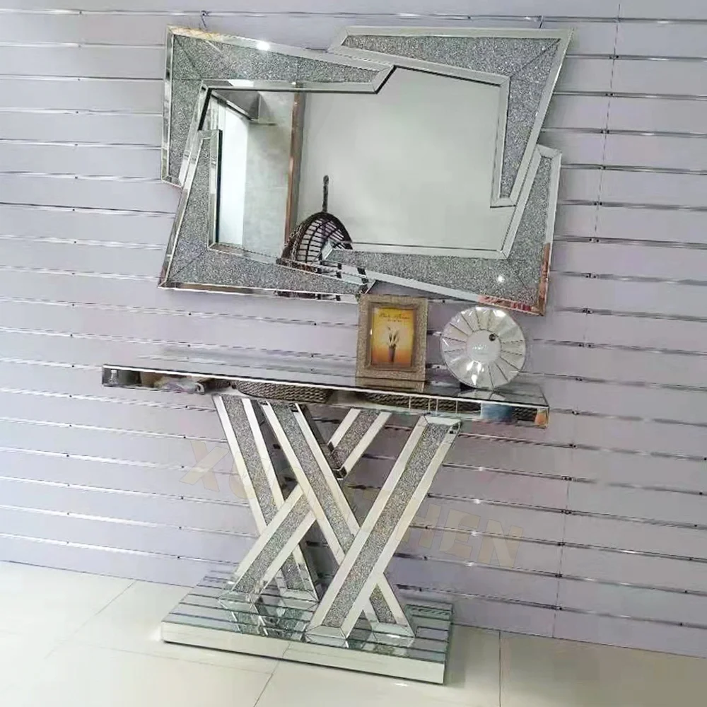 

Living Room Furniture Glass Console Table Set Mirror Silver Metal Stainless Steel Mirror Console Table