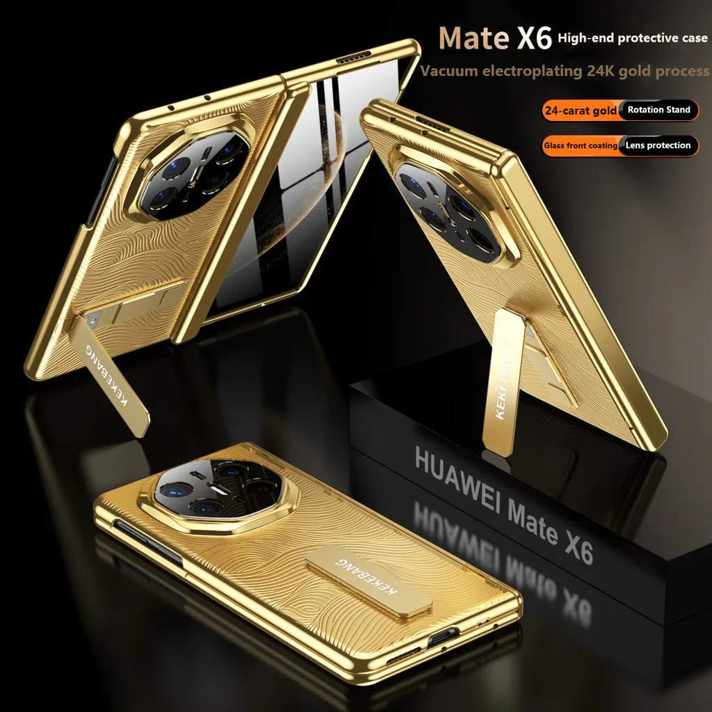 

High-end 24K Gold Plating Series Case For Huawei Mate X6 X5 X3 5G 360 ° Alloy Rotation Stand Hard Cover With Tempered Glass
