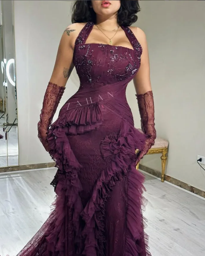 Traube Lila Lange Meerjungfrau Abendkleider Neckholder Spitze Perlen Geraffte Plissee Prom Party Kleid Pastrol Unis maßgeschneidert