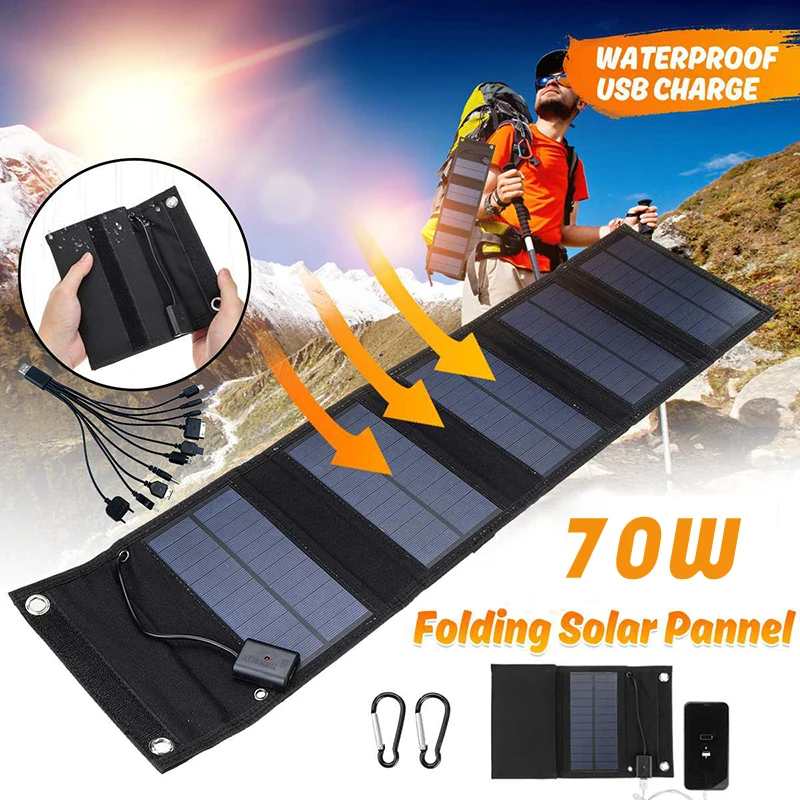 70W Foldable Solar Panel 5V USB Battery Charger for Phone Solar Cell Outdoor Waterproof Power Bank for Camping Accessories