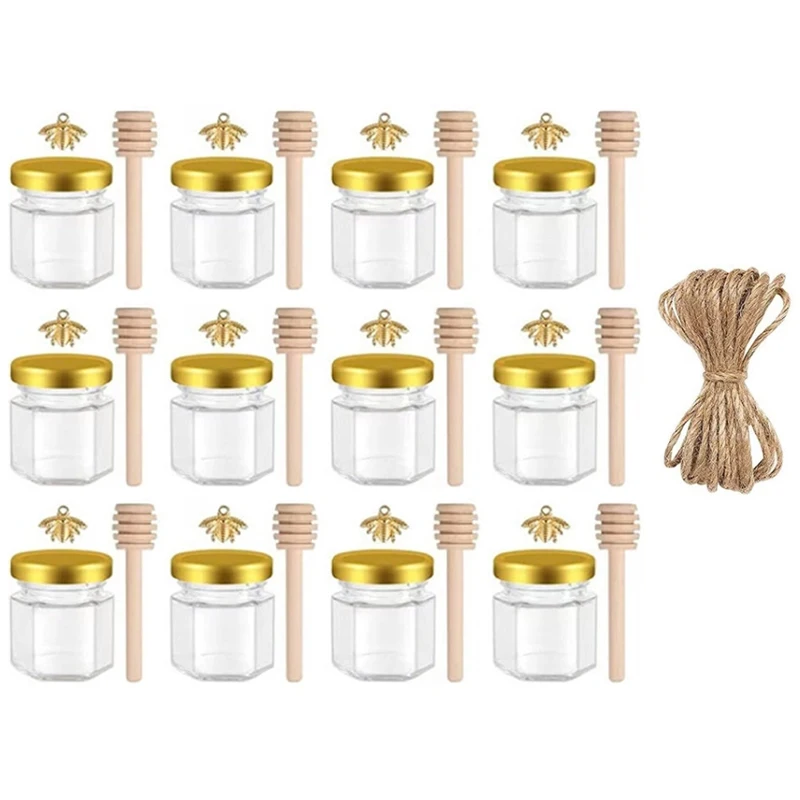 12/24/36/48-delige mini glazen honingpotenset, glazen verzegelde potten, 1,5 oz zeshoekige potten met houten lepel, deksel, bijenhanger, perfect voor bruilofts- en feestartikelen
