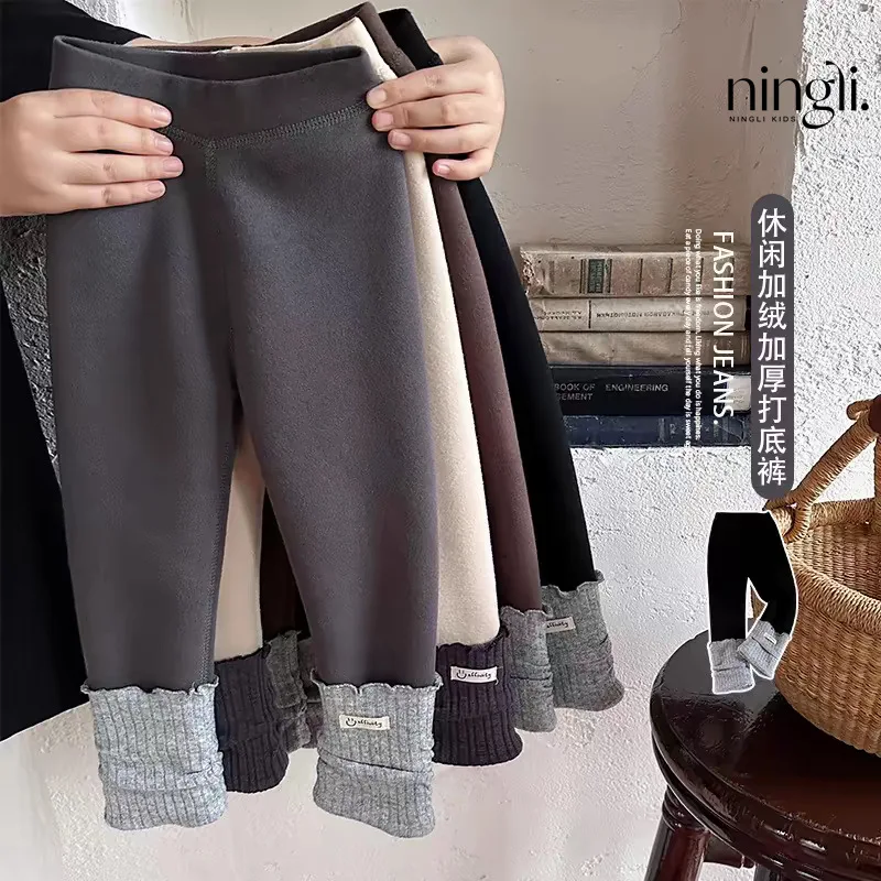 Autumn and Winter Girls Thickened Velvet Padded Leggings Baby Girl Bunching Socks Stitching Trousers Girl Casual Pants Fashion