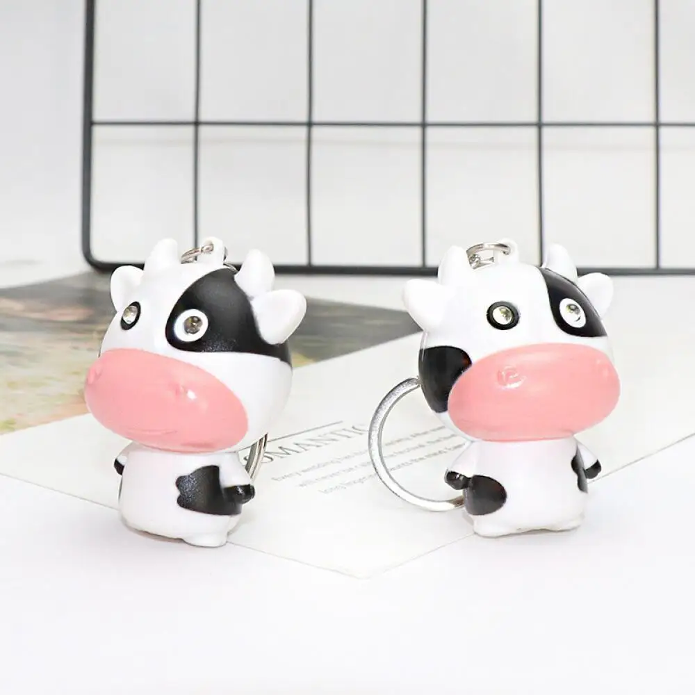 Cute Cow LED Sound Keychain Mini Illuminating Key Ring Fashion Bag Pendant Creative Daily Decor Accessory For Adults