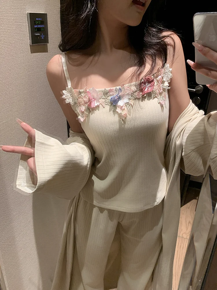 

Pajama Sets No Button Women Cotton Elegant Beaded Detail Soft Breathable Moisture Wicking Casual Long Sleeve Capri Pants Spring