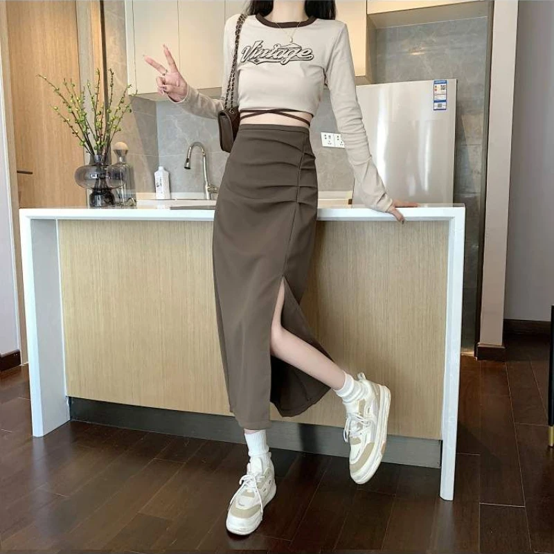 Midi Skirts Women Elegant Office Lady Folds Designed Chic Side-slit Spring Aesthetic Faldas Korean Style Daily All-match Temper