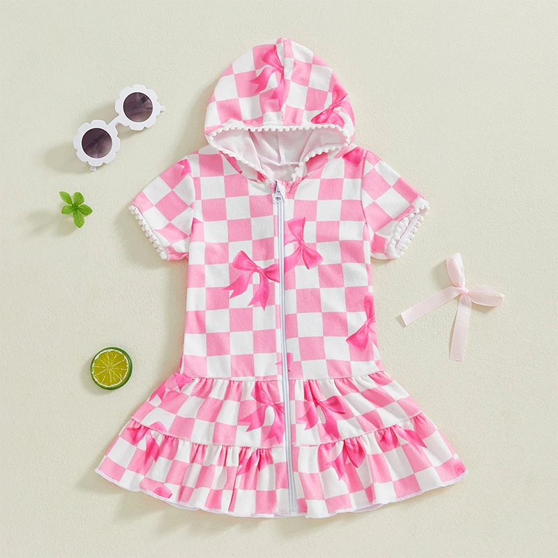 Girls Beachwear Marine Bow Plaid Print Short Sleeve Hooded Dress Zip-Up Swim Coverup with Pockets and Tassel Trim