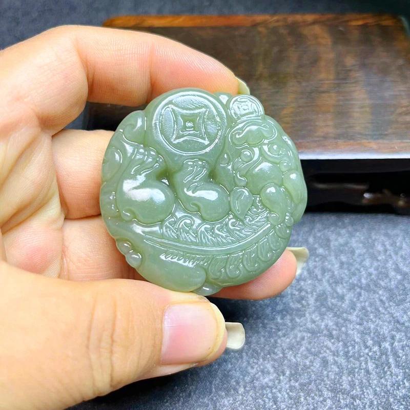 , Pixiu , Double-sided Hetian Necklace, Green , Unisex Jade Pendant