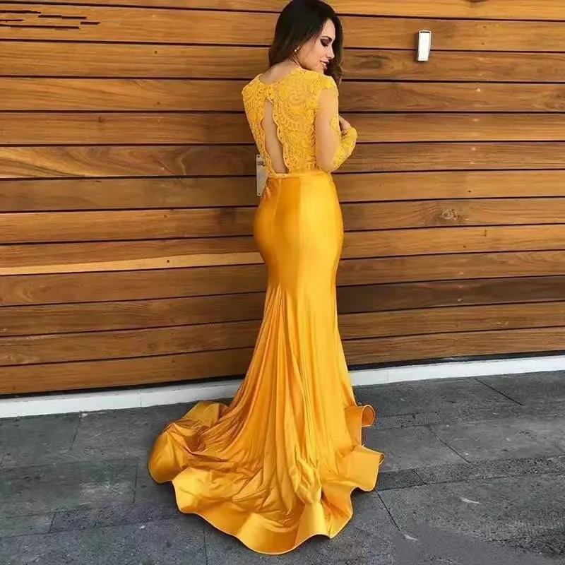 Yellow Lace Prom Dresses V-Neck Long Sleeves Satin Mermaid Evening Dresses With Cut-out Back vestidos de fiesta de noche LP12