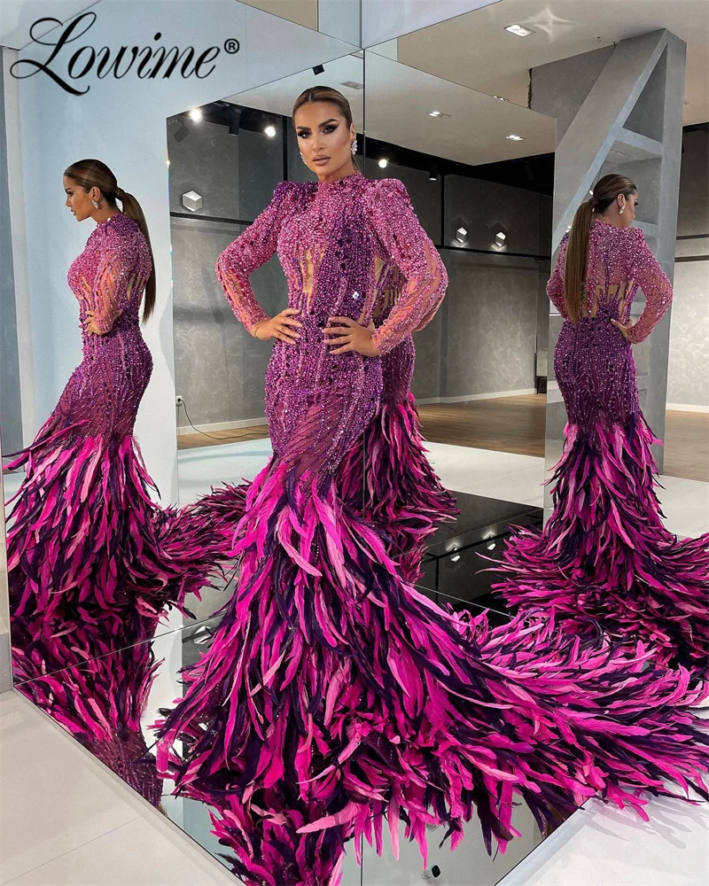 Champagne Fuchsia Feathers Luxury Dubai Evening Dress Long Sleeve Heavy Beaded Crystal Arabic Prom Party Gowns Abendkleider 2024