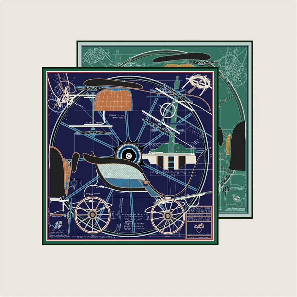 POBING اليد توالت حك وشاح حريري المرأة عجلة مزدوجة مطبوعة أوشحة مربعة يلتف Echarpes Foulards فام الحجاب 90 سنتيمتر #3