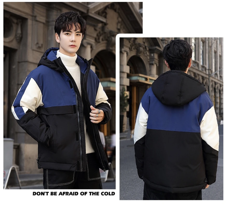

Men's casual hooded down jacket with three color splicing design, hooded windproof and warm multi pocket workwear jacket