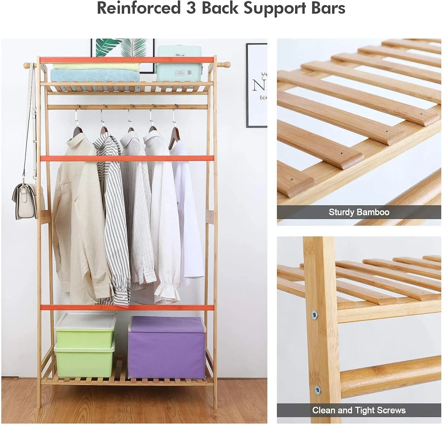 Bamboo Clothes Hanging Rack with 2 Tier Storage Shelves and 2 Coat Hooks Portable Laundry Rack Cloest Organizer Garment Rack