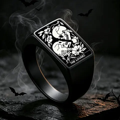 Matte Black Tarot Card Square Signet Ring Engraved Skull Pattern Stainless Steel Gothic Fashion Ring